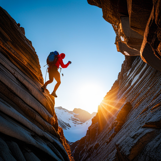 extreme sports, adventure, mountain climbing, rocky terrain, brave individuals, determination, overcoming obstacles, rugged landscapes, mountaineering equipment, natural beauty, panoramic views, intense sun glare, shadows and highlights, contrasting textures