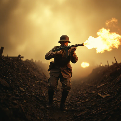 WW1, flamethrower soldier, historical drama, vibrant realism, chiaroscuro lighting, dynamic composition, sepia tones, gritty textures, oil painting influences, military warfare, intense emotion, soldier's resolve, heart of battle, smoke and fire, dramatic perspective, visceral movement, cultural turmoil, industrial warfare, early 20th century, intricate detail, war-torn landscape, heroism, harrowing atmosphere, somber mood, historical narrative, Rembrandtian shadows, impressionistic brushwork, atmospheric haze