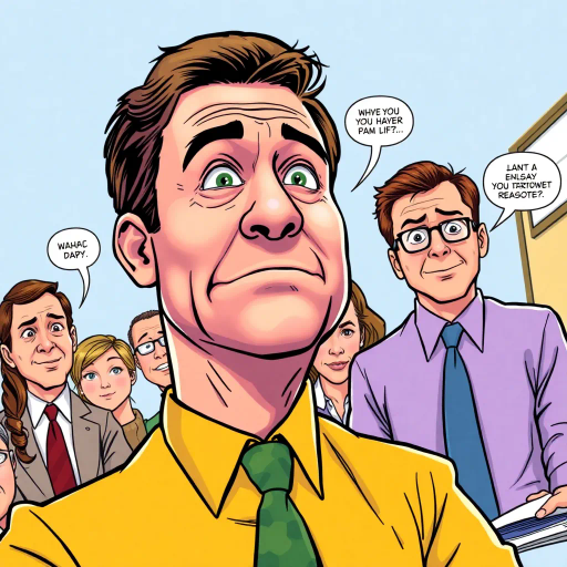 Michael Scott, Steve Carell, vibrant colors, humorous expression, dynamic composition, satirical tone, exaggerated features, playful mood, pop art style, witty dialogue, tv sitcom influences, The Office, ensemble cast, mockumentary style, quirky everyday life, character dynamics, cultural phenomenon, Dunder Mifflin, iconic moments, office antics, relatable humor, expressive line work, sequential art story, vibrant palette, americana, interaction, narrative humor, lighthearted ambiance, dynamic poses, Jim Halpert, Pam Beesly, Dwight Schrute, vibrant personalities, comedic timing, sketch-like outlines, cartoonish exaggeration, character-centric atmosphere, vibrant settings, 2000s pop culture, tv comedy essence, subtle irony, workplace relationships, humorous dynamics