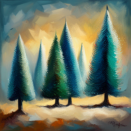 Four Christmas tree, textured canvas, oil vintage