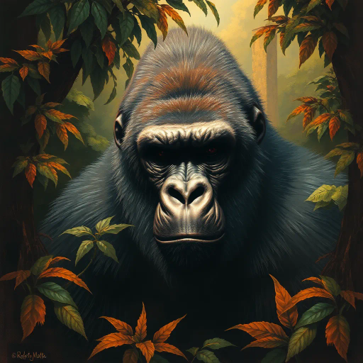majestic gorilla, surreal jungle environment, intricate details, dynamic composition, chiaroscuro lighting, rich earth tones, textured brushstrokes, expressive face, impressionist influence, vibrant foliage, tension and calmness juxtaposition, surrealism, Roberto Matta inspiration, mood of contemplation, dense foliage, atmospheric depth, warm and cool color contrast, elaborate ecosystem, ethereal quality, harmony with nature, complex textures