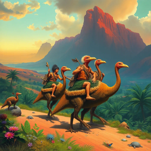 prehistoric warriors, clad in animal skins, riding dinosaur-like cassowaries, verdant oasis, desert horizon, dramatic lighting, vibrant colors, surreal landscape, Maurice Sendak, Maxfield Parrish, Jean Giraud, dynamic composition, intricate textures, mythological narrative, exotic flora, cinematic scale, primal energy, ethereal atmosphere, dynamic movement, whimsical creatures, adventurous mood, prehistoric visual storytelling, fusion of history and fiction, expressive brushstrokes, panoramic view, fantastical adventure, lavish detailing, imaginative world-building, untamed wilderness, epic scale, cultural symbolism, adventurous spirit, rich detail, Henri Rousseau, convergence of eras, paleontological fantasy, mystical aura, cinematic framing