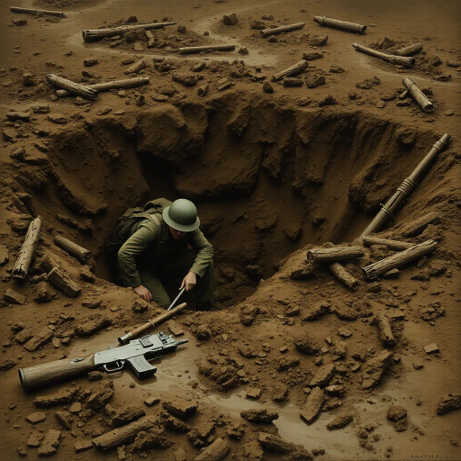 world war i, soldiers, hiding, muddy, shell hole, crater, mud, expressionism, moody atmosphere, historical accuracy, muted earth tones, dramatic lighting, trench warfare, chaos, somber mood, intricate textures, wet surfaces, realism, emotional depth, tension, historical documentation, depth of field, James Montgomery Flagg, war photography inspiration, desperation, survival, fear, explosiveness, historical context, bleak landscape, attention to detail, poignant composition, narrative storytelling, historical influence, 1910s era
