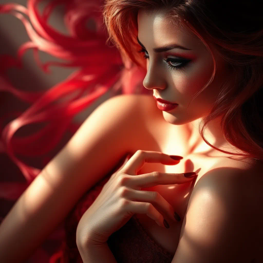 seductive allure, vibrant colors, ethereal lighting, Art Nouveau influence, dramatic curves, soft textures, sensuality, Gustav Klimt inspiration, flowing forms, luxurious detail, romantic mood, intimate ambiance, chiaroscuro, expressive movement, visual poetry, surreal elements, captivating gaze, rich fabric, elegant composition, timeless appeal, fluid lines, emotional depth