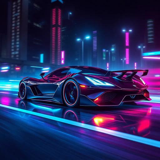 futuristic car design, sleek lines, chrome finish, vibrant neon highlights, dramatic lighting, dynamic movement, aerodynamic shape, retro-futurism, precision engineering, urban environment, concept art, high-tech materials, hyper-realistic detailing, modern aesthetics, speed and agility, metallic textures, ambient atmosphere, avant-garde composition, illuminated cityscape, art deco influences