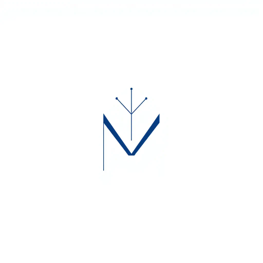 abstract letter M logo, parent node, child nodes, thin branching lines, tree hierarchy, indigo gradient, minimal vector design, white background, geometric abstraction, modernist influence, Bauhaus, clean lines, connection symbolism, hierarchical structure, conceptual design, negative space, visual balance, contemporary aesthetics