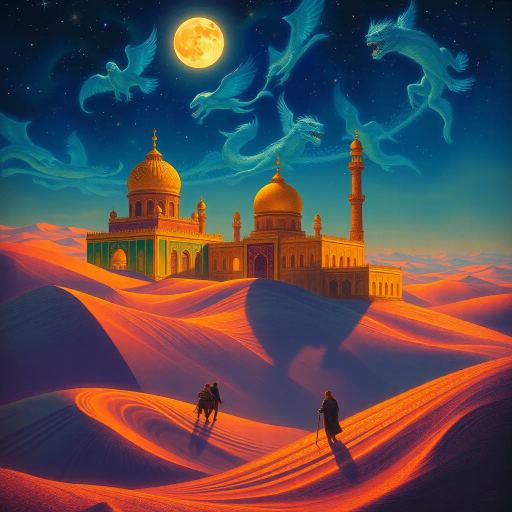 rich cultural tapestry, oriental ornaments, mystical allure, vibrant spices, warm desert hues, Arabian nights, intricate mosaics, celestial bodies, dreamlike surrealism, dynamic calligraphy, caravan journeys, desert oasis, traditional garments, storytelling, opulent palaces, Enki Bilal influences, luminous twilight, magical realism, ancient legends, luxurious fabrics, exotic landscapes, infinite horizons