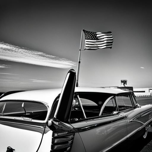 mid-century modern design, black and white photographs, sleek lines, chrome accents, tailfins, leather interiors, Route 66, gas guzzlers, drive-in theaters