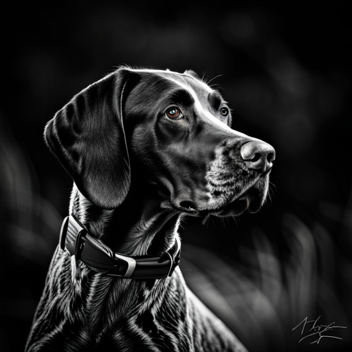 German shorthair pointer, hunting dogs, animal portrait, monochrome, high contrast, dark background, intense gaze, rugged texture, black and white photography, natural lighting, hunting instinct, powerful stance, majestic posture, pedigree breeds, outdoor photography, dog training photographic