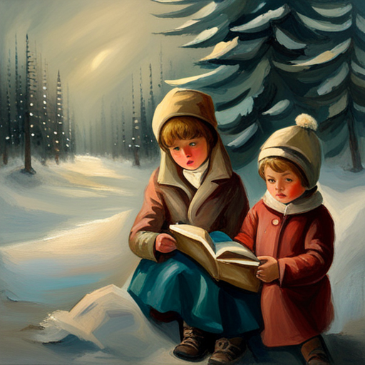 vintage, oil painting, classical, impressionism, muted colors, textured brushstrokes, 19th century, romanticism, traditional, natural lighting, landscape, nostalgia, delicate, thick paint, expressive, European, atmospheric, serene, rustic, aged, soft edges, analog-film, Winter Children under a Christmas Tree Painting, classic