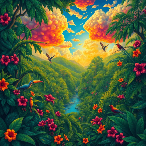 vivid rainforests, carnival atmosphere, vibrant colors, intricate details, lush foliage, rich cultural heritage, magical realism, Brazilian landscape, surreal clouds, tropical wildlife, Henri Rousseau influence, rhythmic movement, radiant sunlight, festive mood, intricate patterns, exotic birds, mythical elements, celebratory spirit, tropical flora, samba rhythm, enchanting scenery