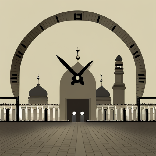 symbolic masjid, rounded border, border shadow, clock, time 04:10, caption, walking distance, location