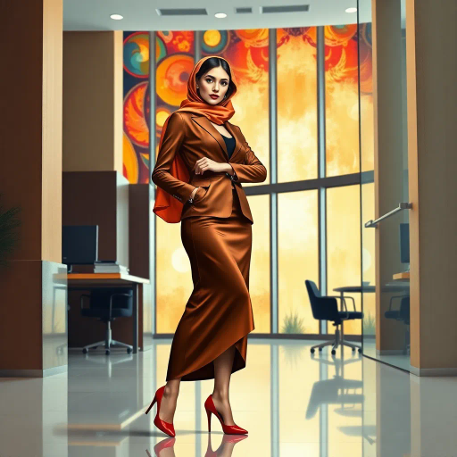 Arab woman, elegant hijab, professional setting, modern workplace, high heels, Middle Eastern culture, contemporary art, intricate patterns, vibrant colors, soft lighting, dynamic pose, cultural expression, delicate fabrics, office environment, confident demeanor, sophisticated fashion, grace and poise, diverse representation, cultural fusion, empowerment, modernism, Impressionism influences, human form, balance and harmony, Henri Matisse, modern elegance, intricate textile patterns, vibrant aesthetic, global influence, artistic expression, dignity and strength, atmospheric composition, elegant lines, harmonious palette, seamless integration, modern artistry