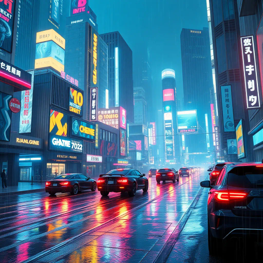 futuristic metropolis, neon lights, electric hues, Blade Runner aesthetic, cybernetic organisms, high-tech dystopia, glowing circuitry, sci-fi architecture, neon signs, digital rain, technological utopia, vibrant urban landscape, cyberpunk culture, immersive virtual realities, intricate details, dynamic composition, kinetic energy, holographic displays, dystopian society, neon glow, atmospheric ambiance, bustling streets, dark neon, avant-garde fashion, cyberspace elements