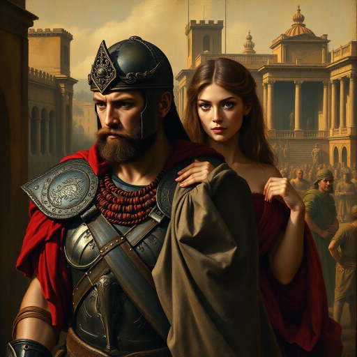 ancient Rome, Sack of Rome 410 CE, Visigothic warrior, Roman lady, dramatic tension, historical narrative, epic composition, chiaroscuro lighting, rich textures, vivid colors, romanticism, classicism, dramatic movement, cultural clash, historical saga, detailed armor, flowing Roman robes, emotional intensity, symbolic imagery, layered composition, heroic scale, classical architecture backdrop, dynamic interactions, historical realism, artistic storytelling, power and grace, clash of civilizations, evocative mood, intricate detailing, timeless conflict, artistic depth, dramatic contrast