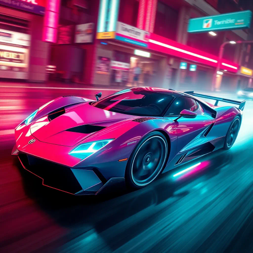 futuristic car design, sleek lines, chrome finish, vibrant neon highlights, dramatic lighting, dynamic movement, aerodynamic shape, retro-futurism, precision engineering, urban environment, concept art, high-tech materials, hyper-realistic detailing, modern aesthetics, speed and agility, metallic textures, ambient atmosphere, avant-garde composition, illuminated cityscape, art deco influences