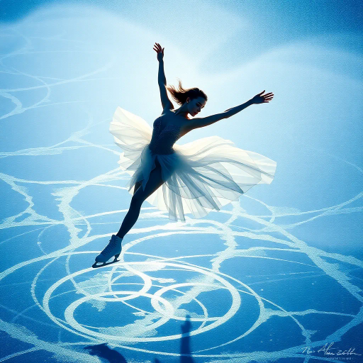 graceful figure skater, gliding across icy surface, winter chill, olympic spirit, dynamic movement, serene concentration, elegant pose, flowing ice, misty breath, ethereal lighting, dramatic shadows, crystalline textures, contemporary style, precision artistry, inspired by Degas and Mucha, soft blue and white palette, delicate balance, rhythmic motion, emotional resonance, global unity, panoramic perspective, intricately detailed, harmonious composition, captivating grace, spirit of competition