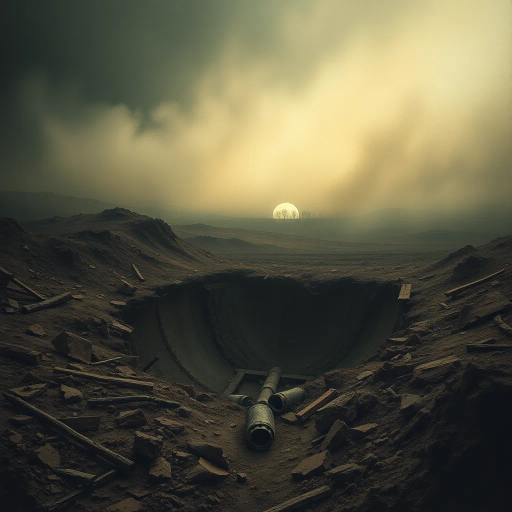 World War I, battlefield, shell hole, destruction, historical conflict, realism, Henri Rousseau, chiaroscuro lighting, somber mood, earth tones, dramatic perspective, craters, landscape, war-torn terrain, textured soil, immersive depth, metaphoric emptiness, poignant silence, layered composition, impressionist influences, reflective atmosphere, muted colors, raw textures, turbulent history, emotive impact, tension, ruins, nature reclaiming, symbolic void, desaturated hues, visual storytelling