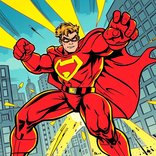 dynamic superhero figure, bold line work, vibrant colors, energetic composition, 20th-century Americana, iconic poses, heroic expression, action-packed, Jack Kirby influences, dramatic lighting, exaggerated proportions, urban backdrop, mid-century modern, pop art elements, narrative storytelling, sequential art techniques, powerful movement, cultural symbolism, graphic novel style, primary color palette