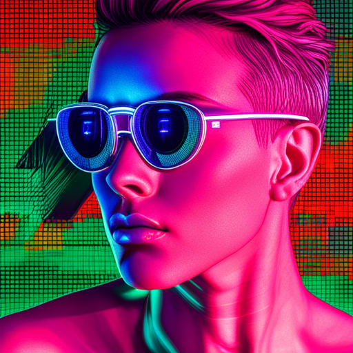 futuristic, sunglasses, neon lights, cyber style, geometric shapes, high contrast, fashion, rebellion, dystopian future, intense colors, electronic music, streetwear, augmented reality