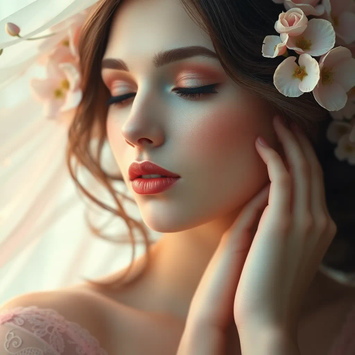 elegant, ethereal beauty, inspired by alfons mucha, art nouveau, soft pastels, delicate curves, intricate details, flowing lines, divine femininity, serene expressions, luminous skin, gentle allure, classic elegance, timeless grace, floral motifs, romanticism, subtle sensuality, ambient glow, sophisticated charm, natural form, organic textures, soft focus, harmonious design, intimate portraiture, visual poetry, artistic refinement