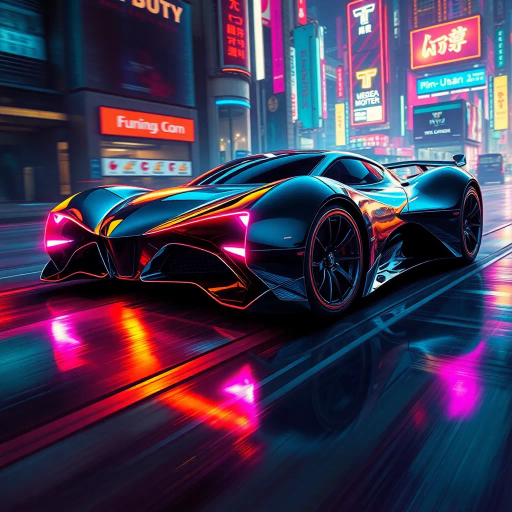 futuristic car design, sleek lines, chrome finish, vibrant neon highlights, dramatic lighting, dynamic movement, aerodynamic shape, retro-futurism, precision engineering, urban environment, concept art, high-tech materials, hyper-realistic detailing, modern aesthetics, speed and agility, metallic textures, ambient atmosphere, avant-garde composition, illuminated cityscape, art deco influences