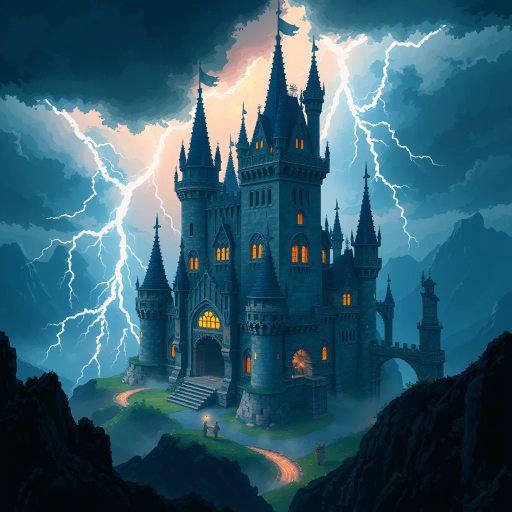 medieval fortress, epic scale, stormy skies, realistic textures, dramatic lighting, dynamic perspective, pixelated details, fantasy landscape, J.R.R. Tolkien, pixel-art influences, ominous clouds, architectural design, ancient stonework, vibrant greens and blues, ethereal mood, surreal atmosphere, adventure theme, intricate patterns, mythical ambiance, immersive environment, atmospheric depth