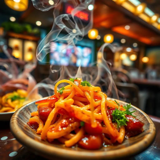 gourmet cuisine, hyper-realistic rendering, vibrant colors, intricate textures, culinary artistry, exquisite detail, contemporary realism, mouth-watering appeal, dynamic composition, soft lighting, rich hues, gastronomic delicacies, camera angle focus, immersive experience, sensory delight, cultural fusion, meticulous craftsmanship, visual feast, modern presentation, appetizing aesthetics