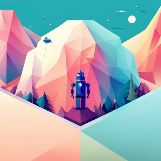 The Cute Bot: A fusion of futuristic and retro styles, featuring geometric shapes and vector graphics rendered in low-poly format for a nostalgic nod to 90s-era video games.