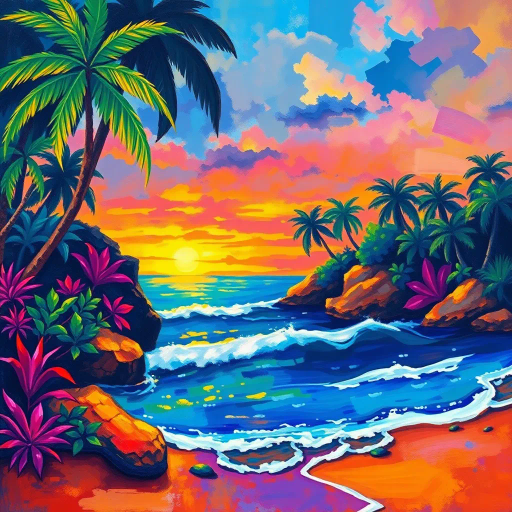 vibrant colors, tropical paradise, luminescent lighting, impressionist influence, culturally rich, beach scenery, dynamic composition, lush vegetation, rhythmic waves, Brazilian coastline, warm ambiance, Frida Kahlo's vivid palette, Henri Rousseau's exotic landscapes, textured brushstrokes, atmospheric perspective, golden sunset hues, sand and surf, lively mood, expansive horizon, contrast of light and shadow