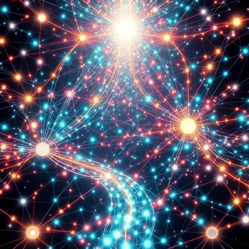 interconnected nodes, abstract networks, data visualization, vibrant colors, glowing pathways, Jules Verne inspiration, futuristic elegance, intricate details, cosmic symbolism, dynamic movement, quantum entanglement, interstellar mappings, binary patterns, AI-infused creativity, 21st-century design, digital synapses, ethereal light, expansive space, technological harmony, avant-garde composition