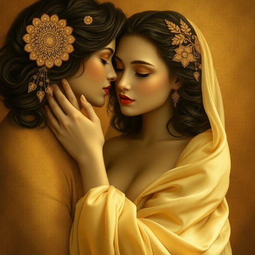 romantic sensuality, chiaroscuro lighting, vivid hues, flowing lines, emotional depth, intimate setting, Gustav Klimt influences, rich textures, human form, warm ambiance, baroque compositions, provocative aesthetic, seductive elegance, delicate forms, renaissance echoes, passionate expression, lush brushstrokes, dynamic movement, dreamlike atmosphere, contemporary flair, evocative symbolism, narrative quality, intimate portraiture, sensuous allure, timeless romance, intricate ornamentation, visual poetry, dramatic shadows