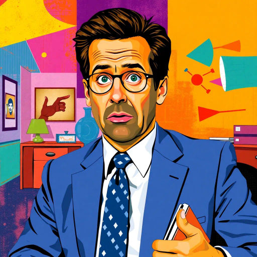 Michael Scott, The Office, geometric shapes, abstract expressionism, vibrant colors, humorous tone, postmodern influence, dynamic composition, surreal elements, cultural commentary, geometric patterns, bright lighting, satirical symbolism, vivid contrasts, playful textures, energetic lines, contemporary setting