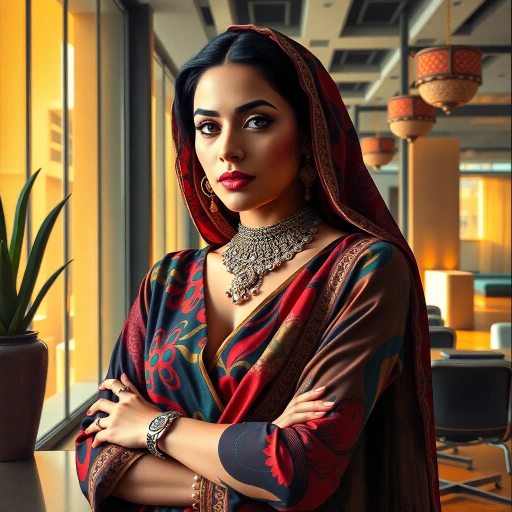 elegant Arab woman, modern office, vibrant colors, intricate patterns, Henri Matisse influences, dynamic composition, warm lighting, Middle Eastern architecture, flowing fabric, contemporary fashion, professional setting, cultural richness, confident demeanor, ornate jewelry, introspective mood, intricate details, urban environment, cultural symbolism, artistic expression, golden hues, expressive brushstrokes