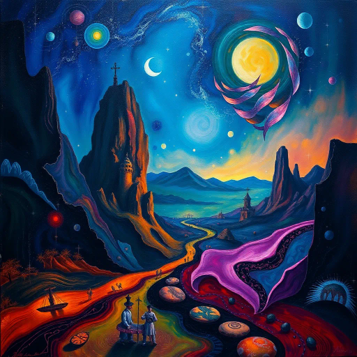 introspective musings, surreal landscapes, Salvador Dali, contemplative mood, ethereal lighting, vivid imaginations, chiaroscuro contrasts, abstract forms, rich textures, dreamlike states, expressive brushstrokes, fluid motion, enigmatic symbols, metaphysical exploration, whimsical elements, existential themes, vibrant colors, infinite space, intricate details, deep blues and purples, layered compositions, otherworldly ambiance, philosophical undertones, temporal shifts, human psyche, reflective atmosphere