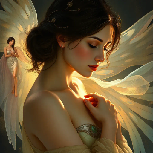 ethereal beauty, renaissance inspiration, dramatic lighting, chiaroscuro, delicate form, impressionistic touches, Gustav Klimt, soft pastels, flowing lines, timeless elegance, Art Nouveau influence, subtle textures, harmonious composition, emotional depth, sensual grace, intricate detail, dreamlike atmosphere, serene expression, gentle movement, classic pose