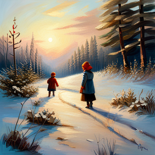 vintage oil, impersonalism, Winter Children, Christmas Tree, Painting, nostalgia, muted colors, soft lighting, brushwork, realistic, nostalgic atmosphere, wintertime, vintage aesthetic, distant, traditional, cozy, serene, classic, snowy landscape, holiday season, festive, joyful, innocence, peaceful, traditional art, Impressionist influence, detailed brushstrokes, texture, warmth, tranquility, timeless, holiday spirit