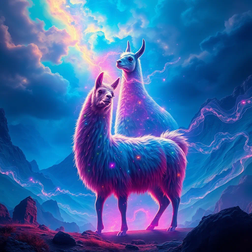 mystical llama, ethereal landscape, vibrant colors, surreal lighting, intricate patterns, dreamlike atmosphere, fantasy setting, imaginative realm, grandiose scale, flowing textures, dynamic movement, mythical creature, South American folklore, enchanted aura, luminescent glow, magical realism, whimsical scenery, fantastical composition, enchanting silhouette, mysterious depths, visual storytelling, Andres Amador influences, vibrant hues, vivid imagination