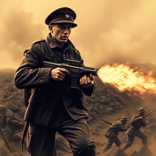 WW1, flamethrower soldier, historical drama, vibrant realism, chiaroscuro lighting, dynamic composition, sepia tones, gritty textures, oil painting influences, military warfare, intense emotion, soldier's resolve, heart of battle, smoke and fire, dramatic perspective, visceral movement, cultural turmoil, industrial warfare, early 20th century, intricate detail, war-torn landscape, heroism, harrowing atmosphere, somber mood, historical narrative, Rembrandtian shadows, impressionistic brushwork, atmospheric haze