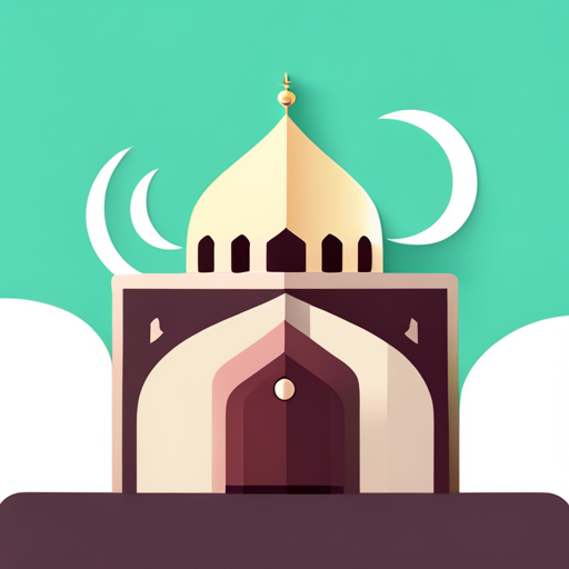 masjid symbol, rounded border, border shadow, clock, time 04:10, caption, 7 minutes walking distance, app opening screen