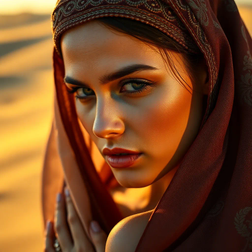 charismatic Arabian beauty, sensual mystique, desert elegance, minimalistic sultry design, vibrant colors, curvilinear shapes, evocative allure, oriental patterns, warm golden hues, shimmering textures, exotic grace, harmonious symmetry, playful yet tasteful, contemporary allure, intimate ambiance, timeless allure, seductive pose, lively movement, sun-kissed skin, alluring perspective, cultural richness, exquisite detail, sensual sophistication, fantasy-like aura