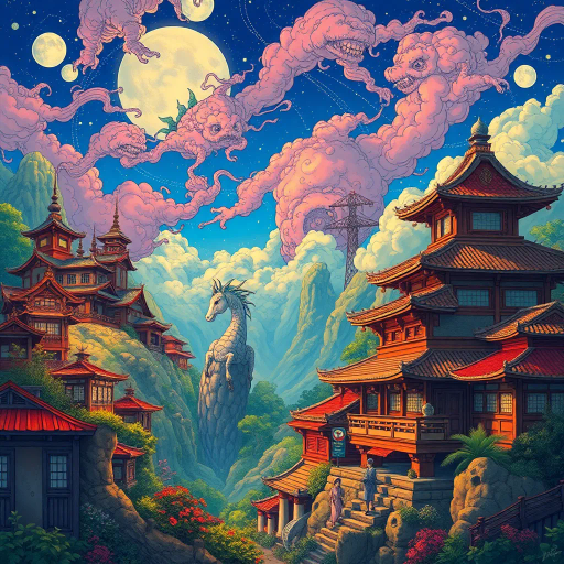 vibrant colors, dynamic composition, Studio Ghibli inspiration, detailed environments, expressive character designs, emotional depth, fantastical themes, cultural motifs, fluid motion, nostalgic atmosphere, distinctive line art, otherworldly settings, intricate detailing, magical realism, retro-futuristic elements, storytelling focus, character-driven narrative, visual storytelling, imaginative landscapes, enchanting creatures