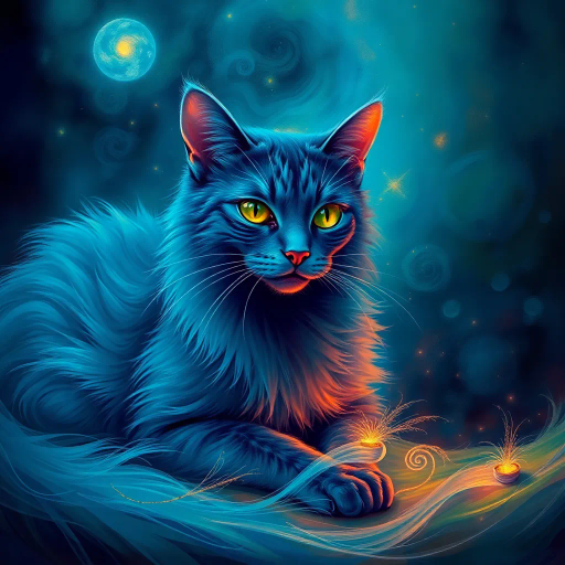 elegant feline form, surrealistic ambiance, inspired by Salvador Dali, Starry Night lighting, Baroque influences, vibrant hues of sapphire and emerald, soft fur texture, dreamlike and whimsical atmosphere, intricate detailing, dynamic pose, Renaissance composition, imaginative and mysterious, twilight setting, impressionist brushwork, ethereal glow, rich tapestry of colors, flowing lines, harmonious balance, artistic narrative, intriguing gaze, artistic depth, fanciful and otherworldly, timeless elegance