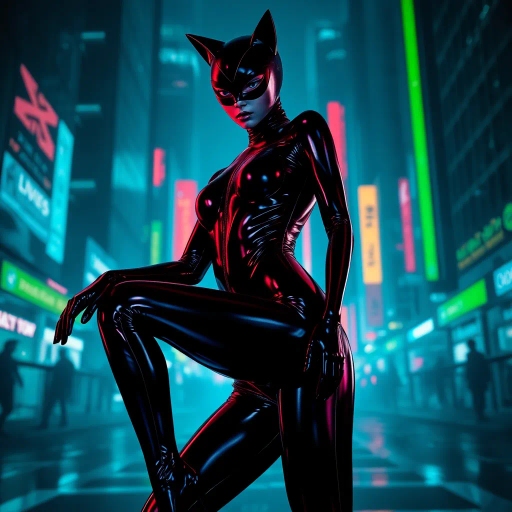 sleek catsuit design, high fashion, futuristic elements, vibrant neon lighting, dynamic pose, bold composition, metallic textures, sci-fi influence, Joan Miró inspiration, night cityscape, cyberpunk aesthetics, mysterious mood, playful elegance, abstract forms, intricate detailing, avant-garde style, fluid movements, bold color contrasts, surreal presentation, depth and layering, unconventional materials, reflections and shadows, elegant silhouette, imaginative realm, Salvador Dali, dreamlike atmosphere, geometric precision, fluid dynamics, visual storytelling, abstract surrealism, enigmatic expressions, ethereal glow, kaleidoscopic patterns, reflective surfaces, overlapping dimensions, contrasting hues, multidimensional perspective, spatial depth, imaginative narrative