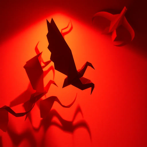 complex paper folding, vibrant hues, intricate patterns, origami art, fire motif, candlelight glow, precise creases, geometric shapes, cultural aesthetics, traditional Japanese influence, dynamic movement, red and orange spectrum, shadow play, elegant structure, vivid contrasts, textured paper, delicate craftsmanship, symbolic warmth, flame shape, three-dimensional sculpture, evoking warmth, harmonious lines, energetic composition