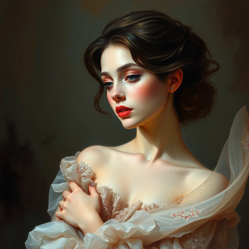 elegant femmes, graceful posture, intricate fashion, ethereal beauty, soft lighting, romantic era, impressionistic brushstrokes, pastel hues, delicate textures, feminine elegance, serene expressions, renaissance influences, flowing fabrics, atmospheric composition, refined aesthetics, timeless allure, enchanting aura, subtle movement, classical themes, Claude Monet, Edgar Degas, Raphael, chiaroscuro, delicate pastels, harmonious balance, historical richness, fine detail, luminous glow, cultural grace, narrative depth, portraiture, emotive grace, evocative ambiance