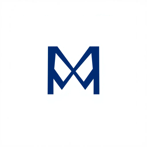 abstract M lettermark, geometric precision, two thick diagonal lines, sharp V convergence, bold solid indigo, minimal modern logo, geometric shapes, Bauhaus influence, dynamic symmetry, clean lines, minimalism, stark contrast, white background, conceptual simplicity, contemporary aesthetics, high-impact clarity