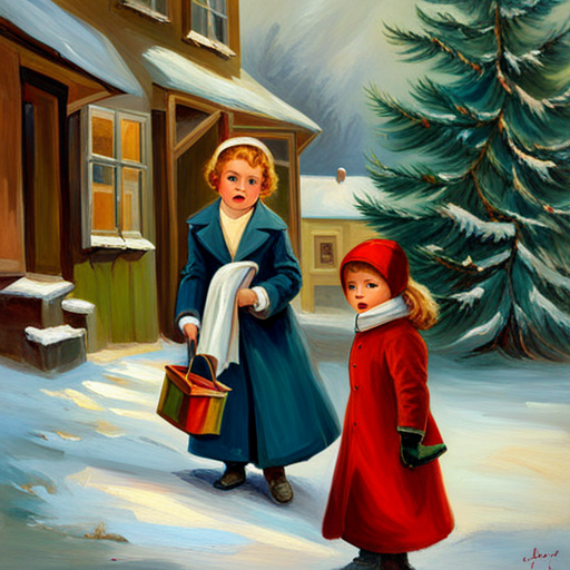 vintage, oil, impersonalism, Winter Children under a Christmas Tree Painting, classic