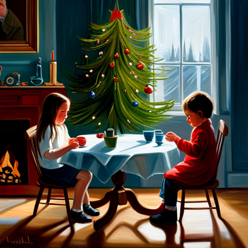 children, table, christmas tree, Laura Muntz Lyall, fine art, painting, cgsociety, american impressionism, impressionism, oil on canvas, detailed painting