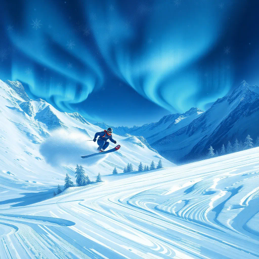 winter olympics, Adolphe Mouron Cassandre, dynamic composition, vibrant movements, cold hues, frosty blues, sparkling whites, contrasting shadows, atmospheric depth, panoramic vistas, kinetic energy, athletic prowess, cultural celebration, Olympic spirit, Art Deco influences, geometric patterns, sweeping curves, expressive lines, emotional intensity, grand scale, global unity, dramatic lighting, icy textures, timeless grandeur, elegant symmetry, inspiring competition, frozen terrains, monumental arenas, inspired by tradition, contemporary innovation, international camaraderie